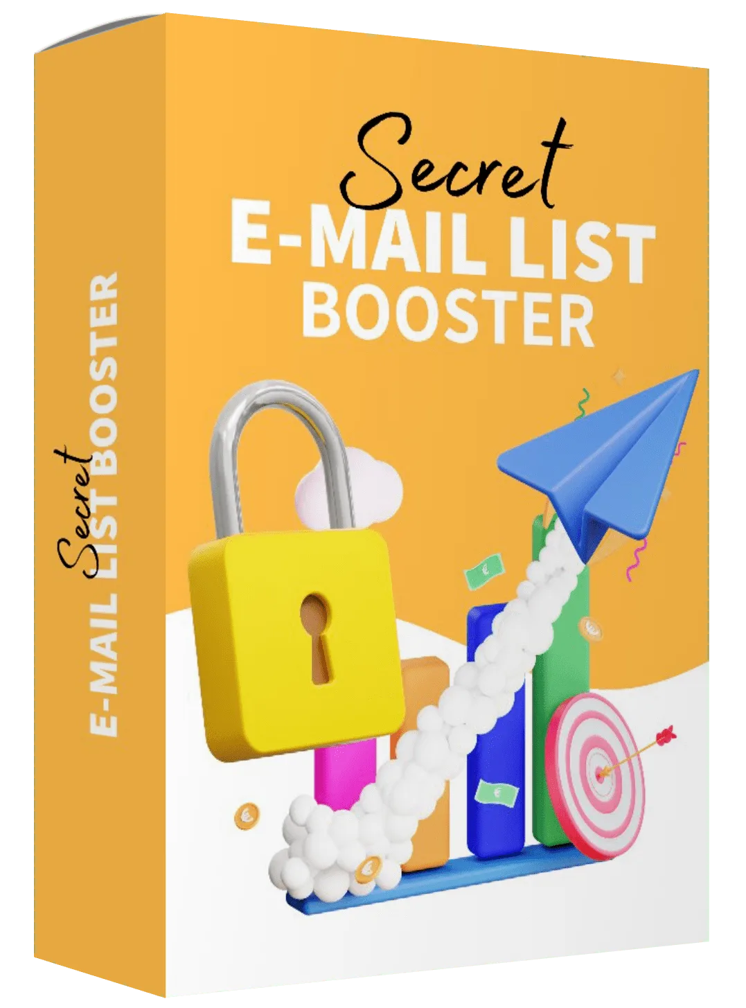 Secret E-Mail List Booster Produktbox hochkant mit gelbem Hintergrund, Vorhängeschloss, Papierflieger und Zielscheibe