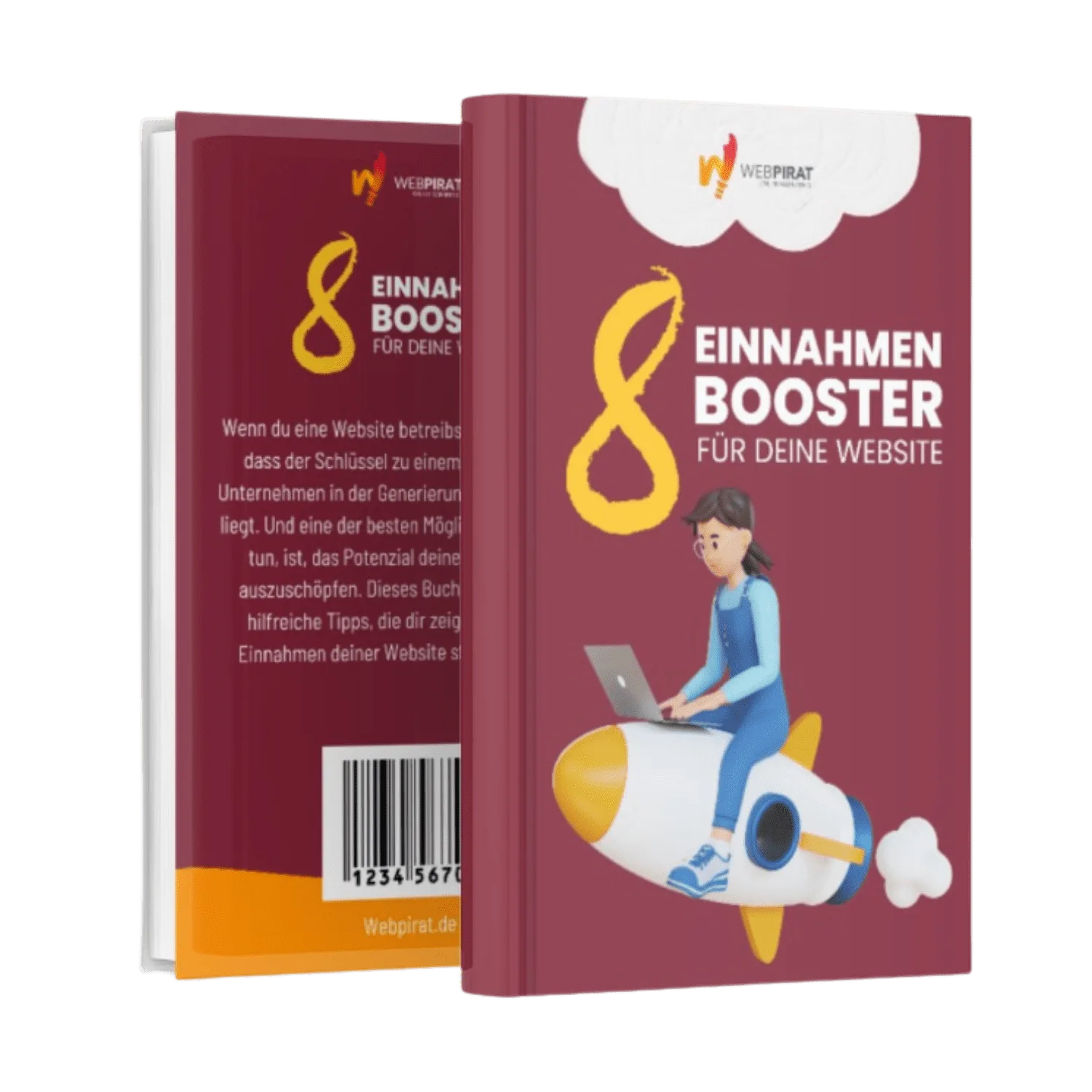 E-Book Cover "8 Einnahmen Booster für deine Website" mit Frau auf Rakete auf weinrotem Hintergrund