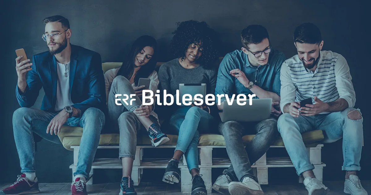 ERF Bibleserver Hero-Grafik mit fünf Personen auf Bank mit Mobilgeräten