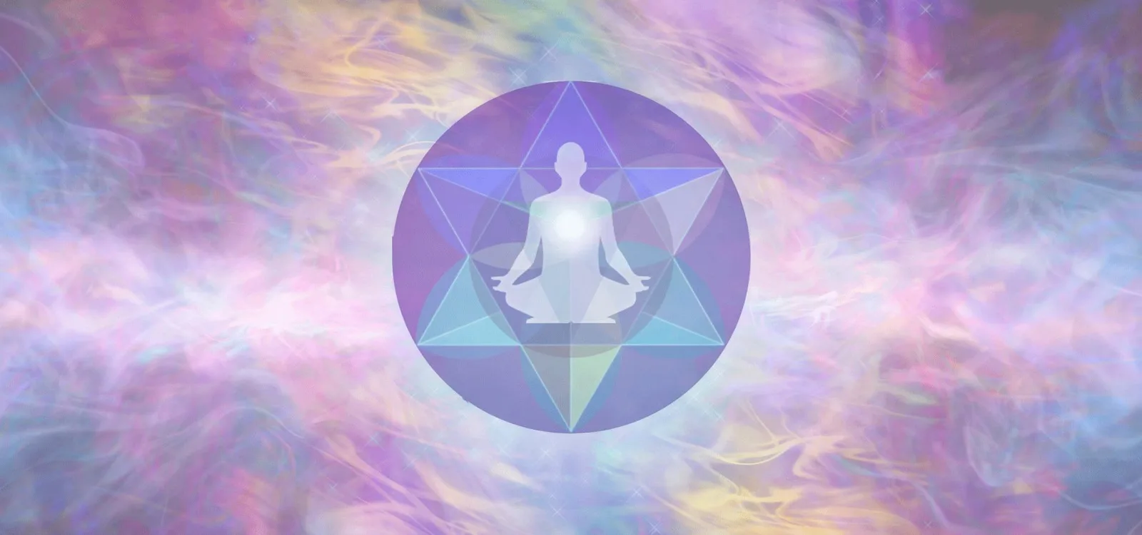 Meditative Figur in geometrischer Form auf lila Hintergrund