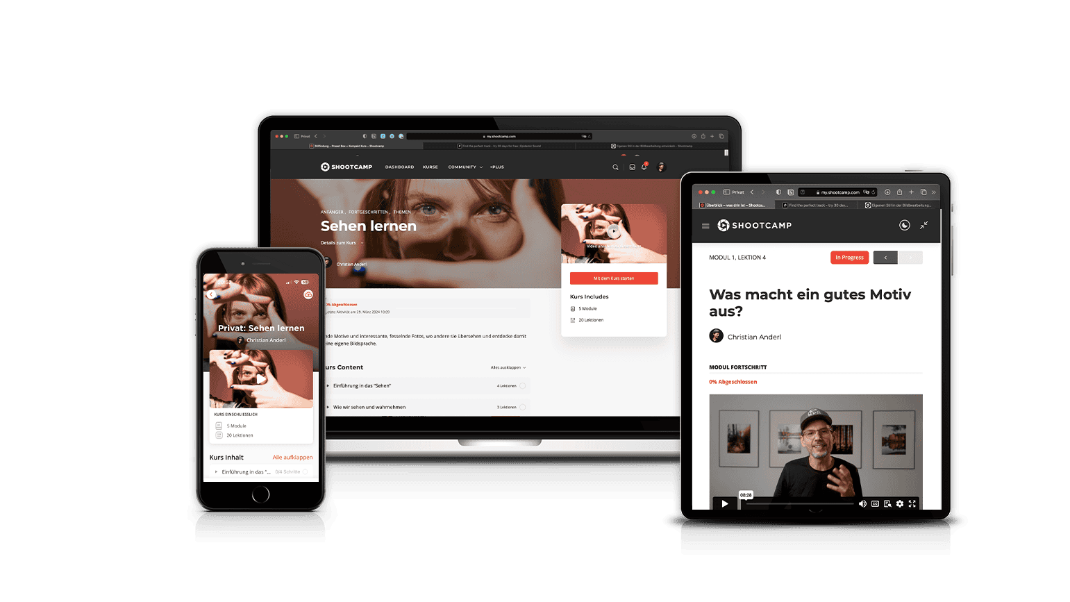 Sehen lernen Videokurs auf verschiedenen Geräten: Smartphone, Tablet und Desktop