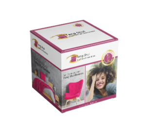 Verpackte Produktbox mit pink Rahmen, Foto von Frau und Titel Feng Shui