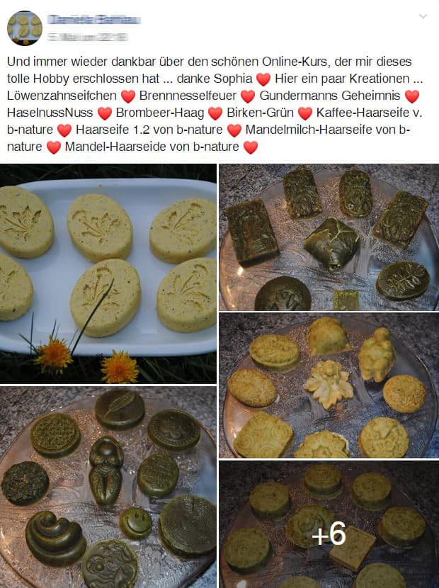 Kundenstimme mit Fotos von selbstgemachten Seifen: grüne strukturierte Seifen und gelbe dekorative Formen