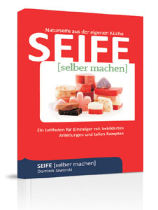 Seife selber machen – E-Book zur Naturkosmetik-Herstellung 3 E-Book-Cover "Seife selber machen" mit rotem Hintergrund, weißer Schrift und Bildern von handgemachten Seifen