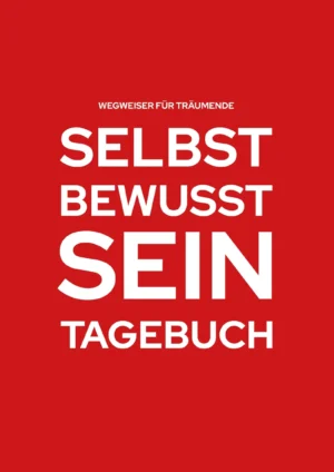 Rotes Mockup des Selbst-Bewusstsein-Tagebuches mit großer weißer Schrift