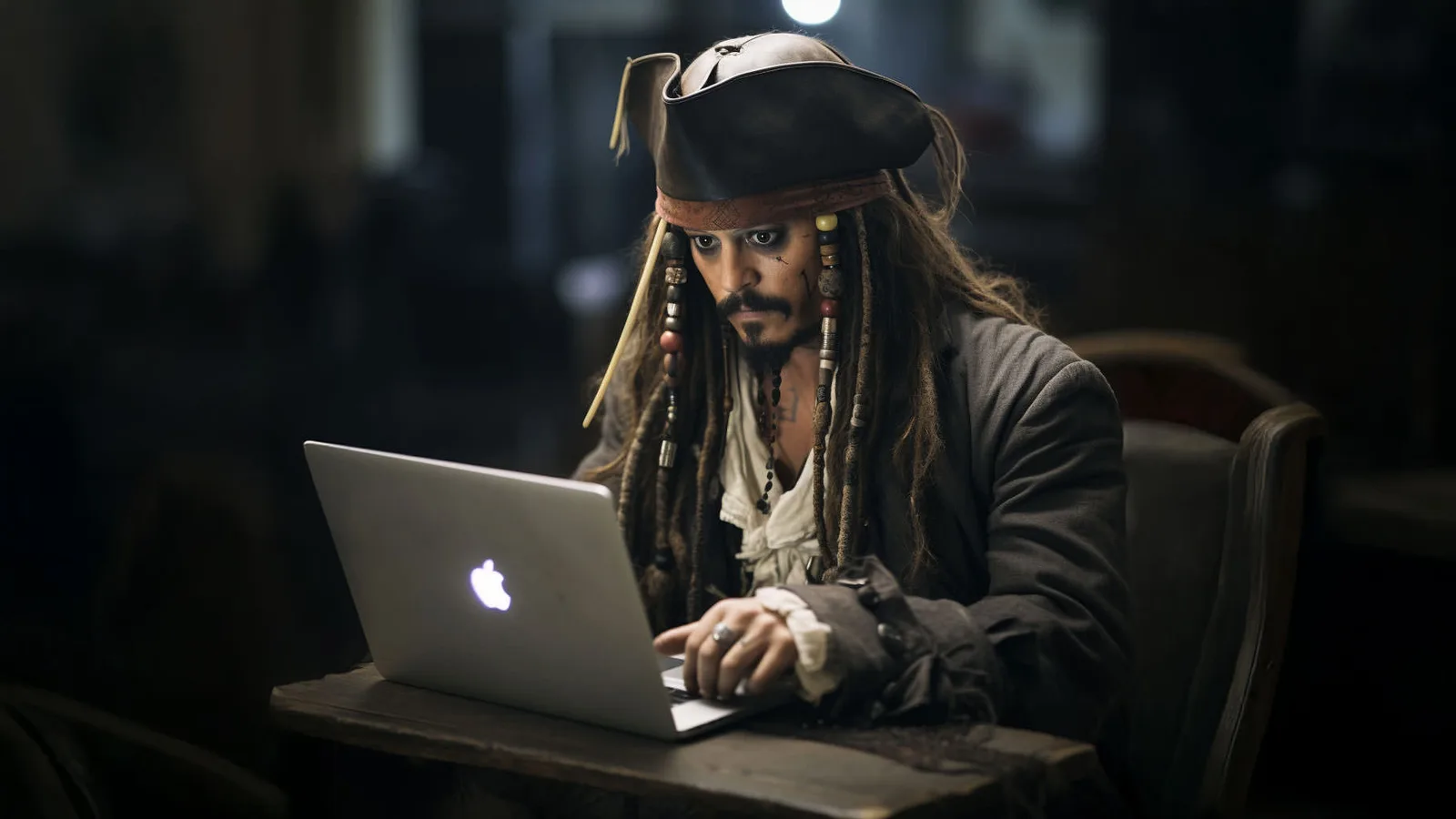 Person in Piraten-Kostüm als Captain Jack Sparrow arbeitet am MacBook Pro, stilisierte KI-Grafik