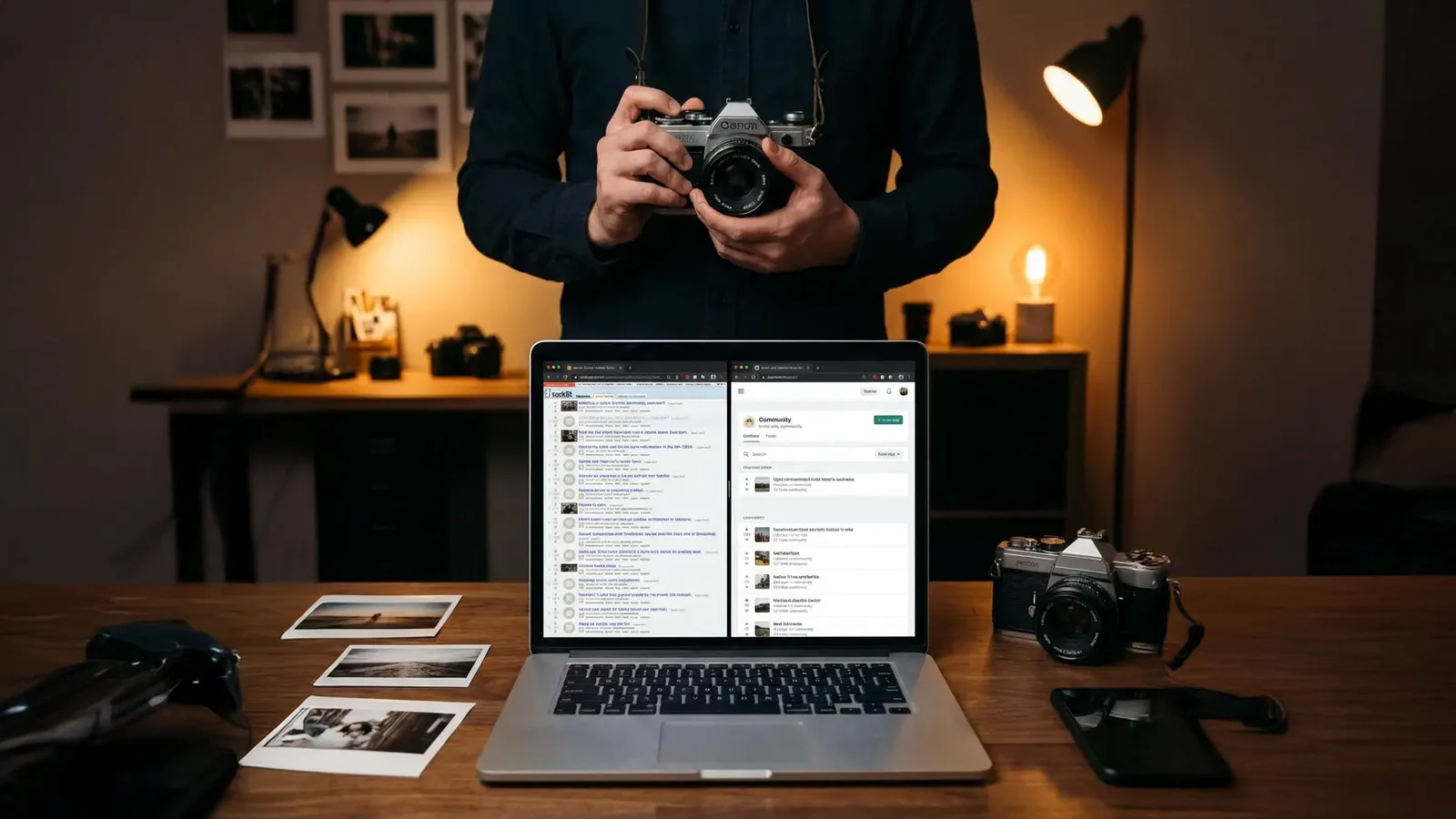 Fotograf mit Kamera in Studioumgebung mit Laptop und ausgedruckten Fotos auf Schreibtisch