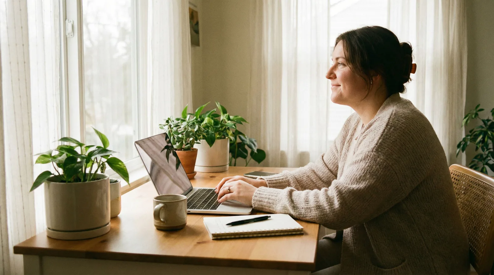 Frau sitzt am hellen Schreibtisch am Fenster und arbeitet am Laptop, umgeben von Zimmerpflanzen