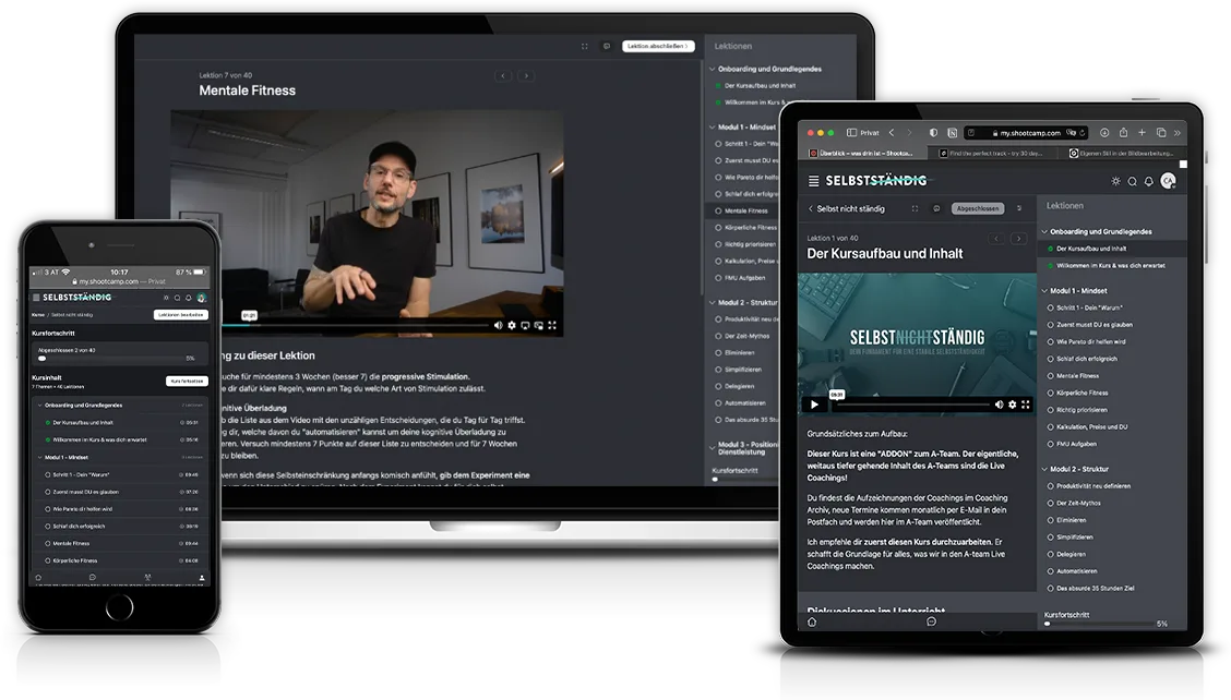 Mockup des Online-Kurses Selbst nicht ständig auf Smartphone, Tablet und Desktop mit Video eines Mannes