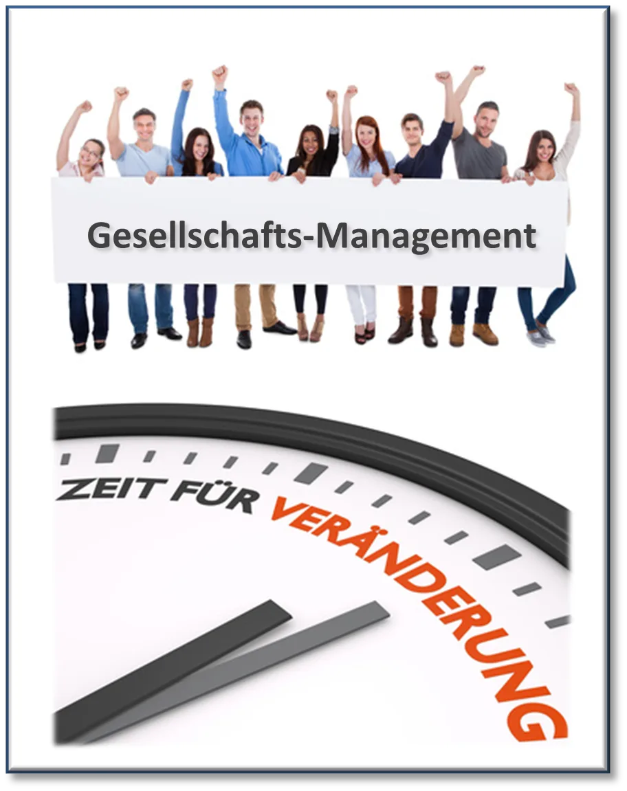Modul-Cover mit Gruppe von Menschen mit erhobenen Armen und Uhr mit Aufschrift Zeit für Veränderung