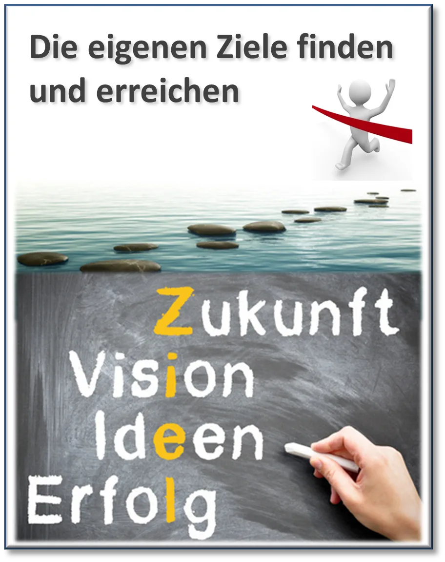 Modul-Cover mit Figur, Sprungband, Trittsteine und Tafel mit Zukunft Vision Ideen Erfolg