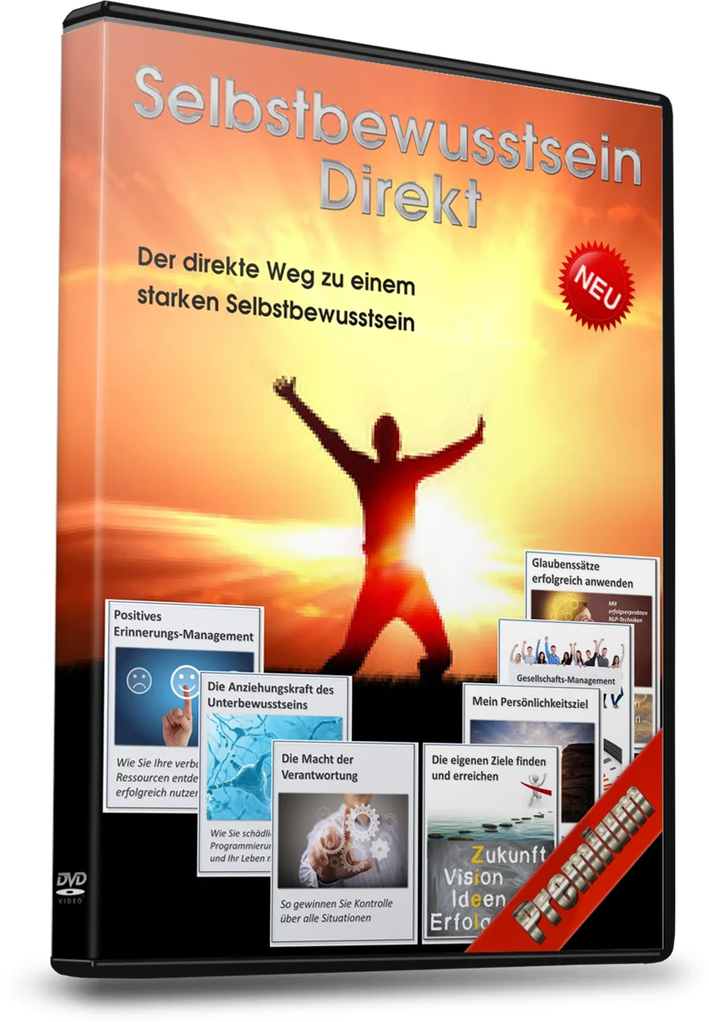 DVD-Box Selbstbewusstsein Direkt Premium mit Sonnenaufgang und Silhouette einer Person mit erhobenen Armen