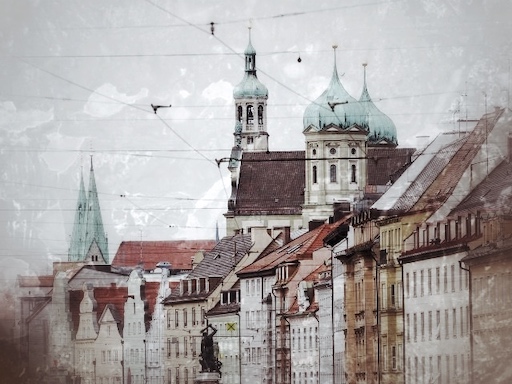 Stadtansicht Augsburg mit Kirchen und historischen Gebäuden, verwaschener Stil