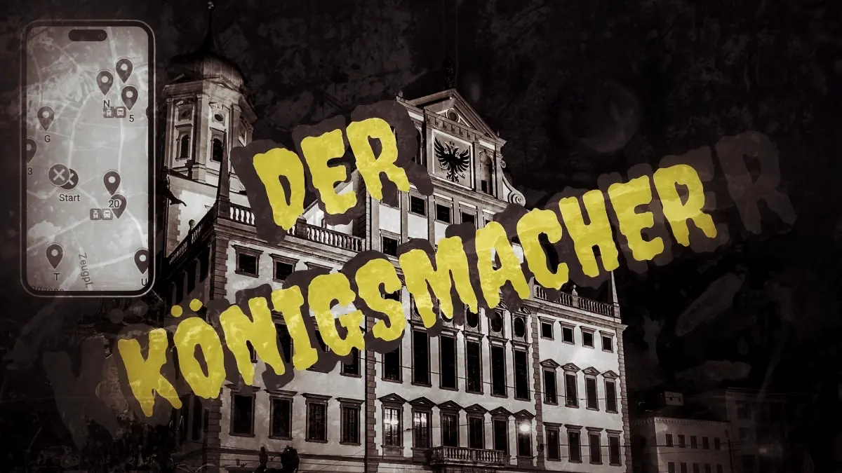 Hero-Banner Stadtrallye Augsburg "Der Königsmacher - Ruin der Fugger" mit gelbem Text und Stadtgebäude