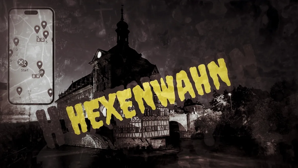 Stadtrallye Bamberg Hexenwahn Verloren im Feuer Hero-Bild mit Smartphone-Karte und gelbem Text über Bamberger Altstadt