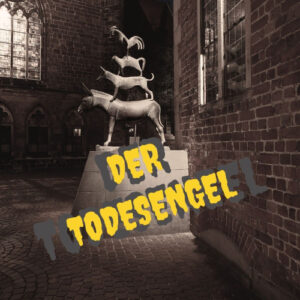 Todesengel-Statue in Bremen mit gelbem Text-Overlay