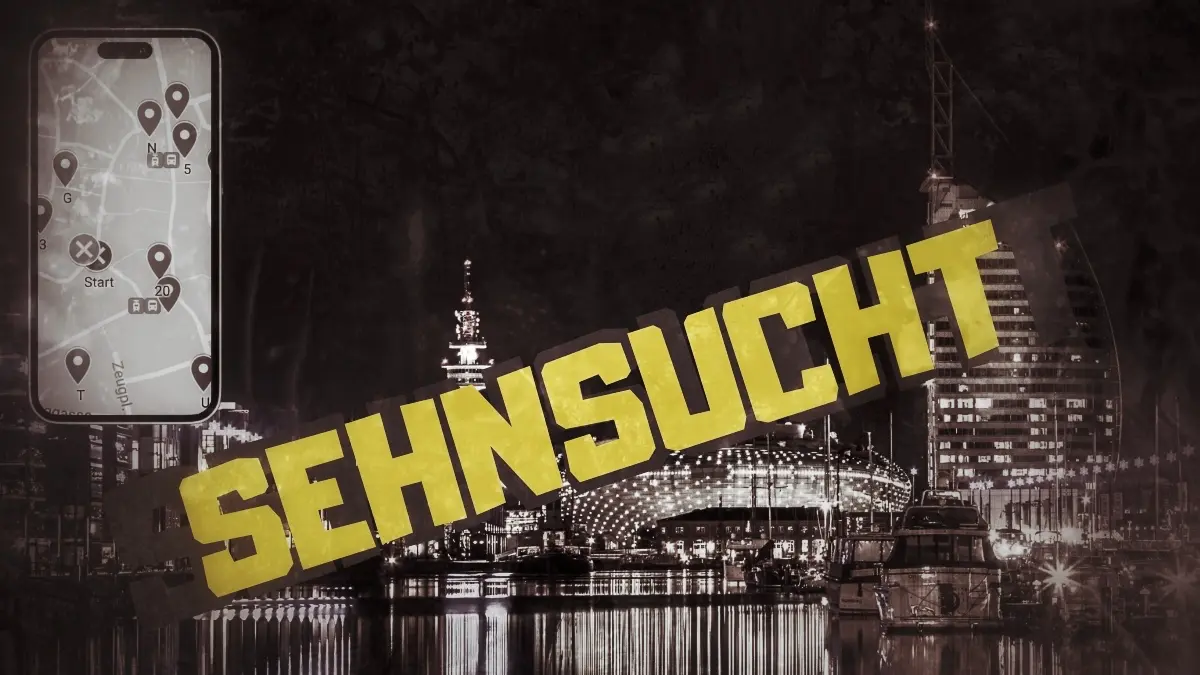 Stadtrallye Bremerhaven Hero-Image mit gelbem "SEHNSUCHT"-Text, Stadtansicht und Smartphone-Karte