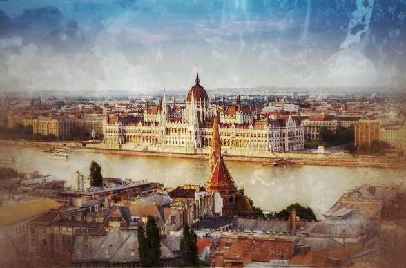 Luftaufnahme Budapest mit Parlamentsgebäude, Donau und Stadtsilhouette in kunstvollem Filter