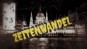 Hero-Bild Stadtrallye Budapest mit Parlamentsgebäude und gelber Schrift Zeitenwandel auf Smartphone-Mockup