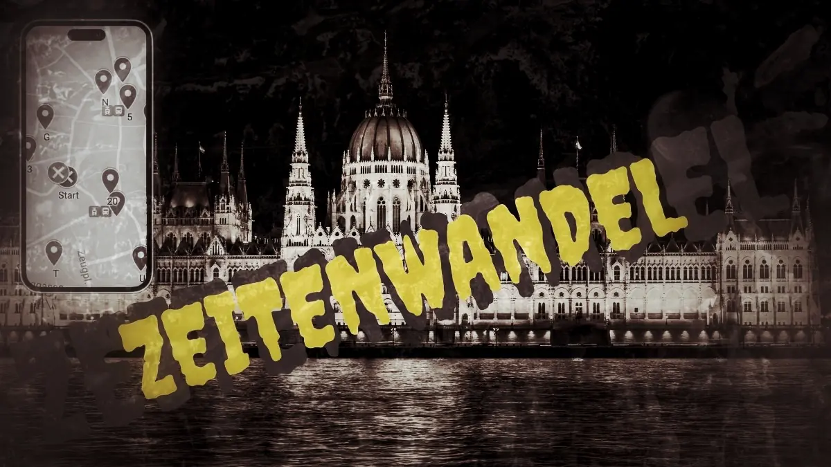 Hero-Bild Stadtrallye Budapest mit Parlamentsgebäude und gelber Schrift Zeitenwandel auf Smartphone-Mockup