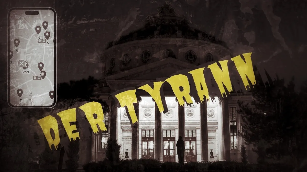 Selbstgeführte Stadtrallye Bukarest 2 Stadtrallye Bukarest Hero-Bild mit gelbem Text 'Der Tyrann' auf Athenaeum-Gebäude und Smartphone-Karte