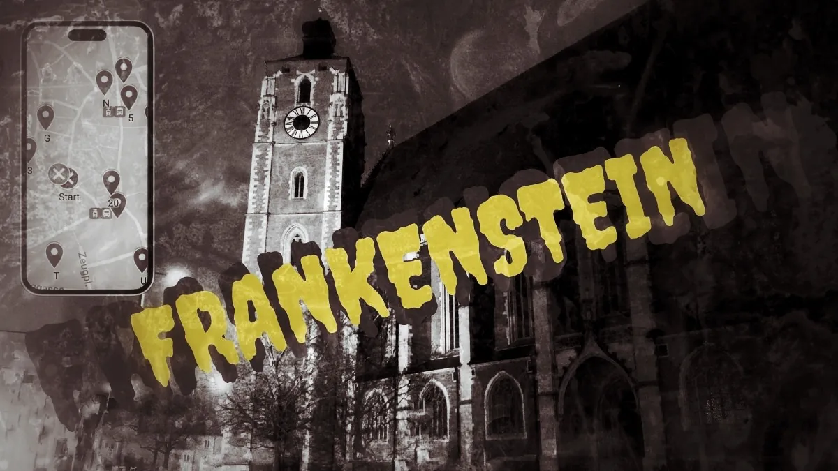 Hero-Image Stadtrallye Ingolstadt Frankenstein mit Kirchturm, Smartphone-Karte und gelbem Text