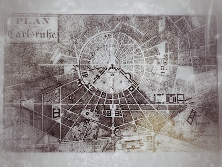 Historischer Stadtplan von Karlsruhe mit Fächerstruktur und Netzgitter-Muster