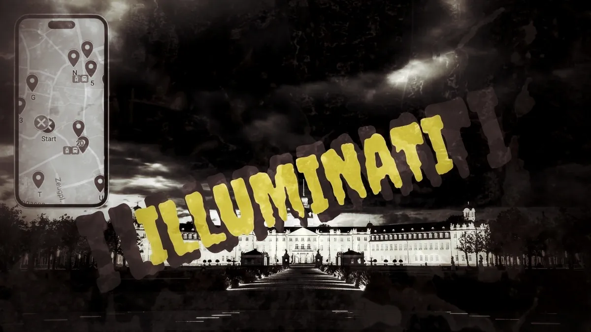 Hero-Banner Stadtrallye Karlsruhe mit gelbem Text "Illuminati" und Smartphone-Mockup der Rallye-App