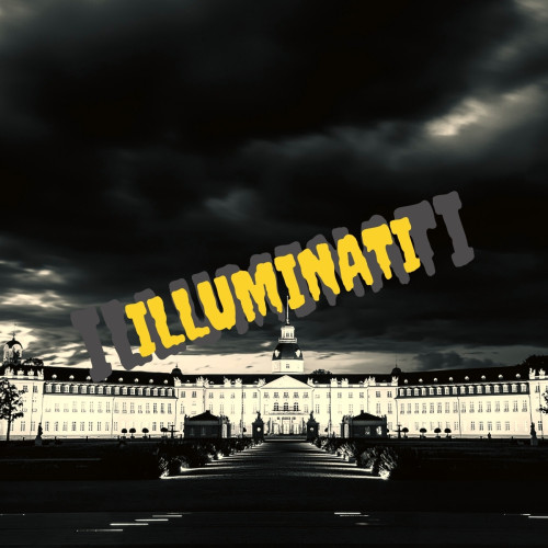 Karlsruhe Schloss mit dramatischem Himmel und gelbem ILLUMINATI-Text-Overlay