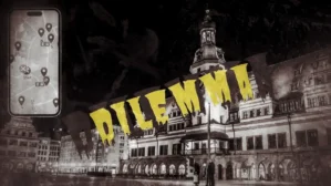 Stadtrallye Leipzig Dilemma Streben nach Anerkennung mit Rathaus und gelber Schrift