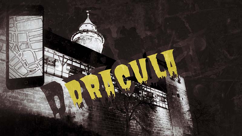 Stadtrallye Nürnberg Promotional-Grafik mit Smartphone-Navigation, Turm und gelbem DRACULA-Schriftzug