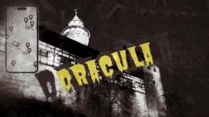 Stadtrallye Nürnberg Hero-Grafik mit gelbem DRACULA-Schriftzug, mittelalterlichem Turm und Smartphone-Navigation