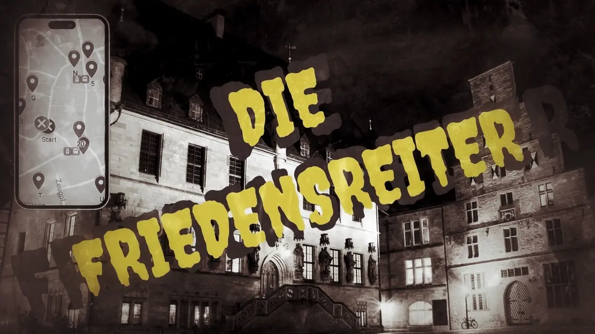 Selbstgeführte Stadtrallye Osnabrück 2 Stadtrallye Osnabrück Hero-Banner mit gelbem Text 'DIE FRIEDENSRETTER' vor historischem Stadtplatz und Smartphone-Karte