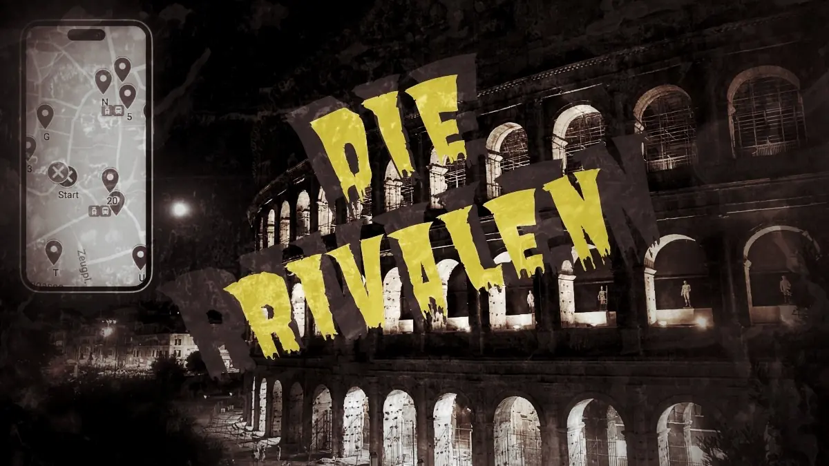 Stadtrallye Rom: Die Rivalen - Leonardo vs. Michelangelo mit gelbem Text-Overlay auf antiker Architektur und Smartphone-Navig