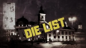 Stadtrallye Sibiu Hermannstadt nächtlicher Platz mit Kirche, gelber Schriftzug „DIE LIST