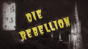 Hero-Banner Stadtrallye Ulm "Die Rebellion - Aufstand der Zünfte" mit gelbem Schriftzug, Ulmer Münster und Smartphone-Karte
