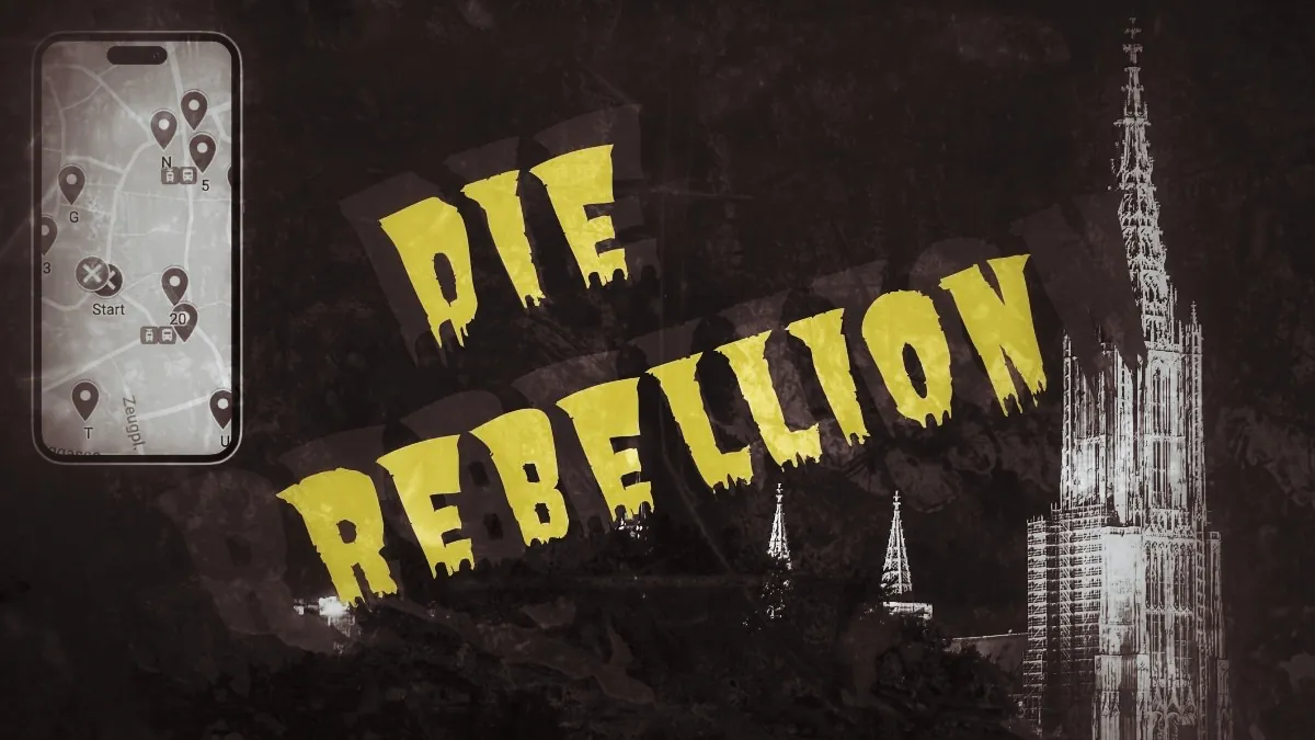 Hero-Banner Stadtrallye Ulm "Die Rebellion - Aufstand der Zünfte" mit gelbem Schriftzug, Ulmer Münster und Smartphone-Karte