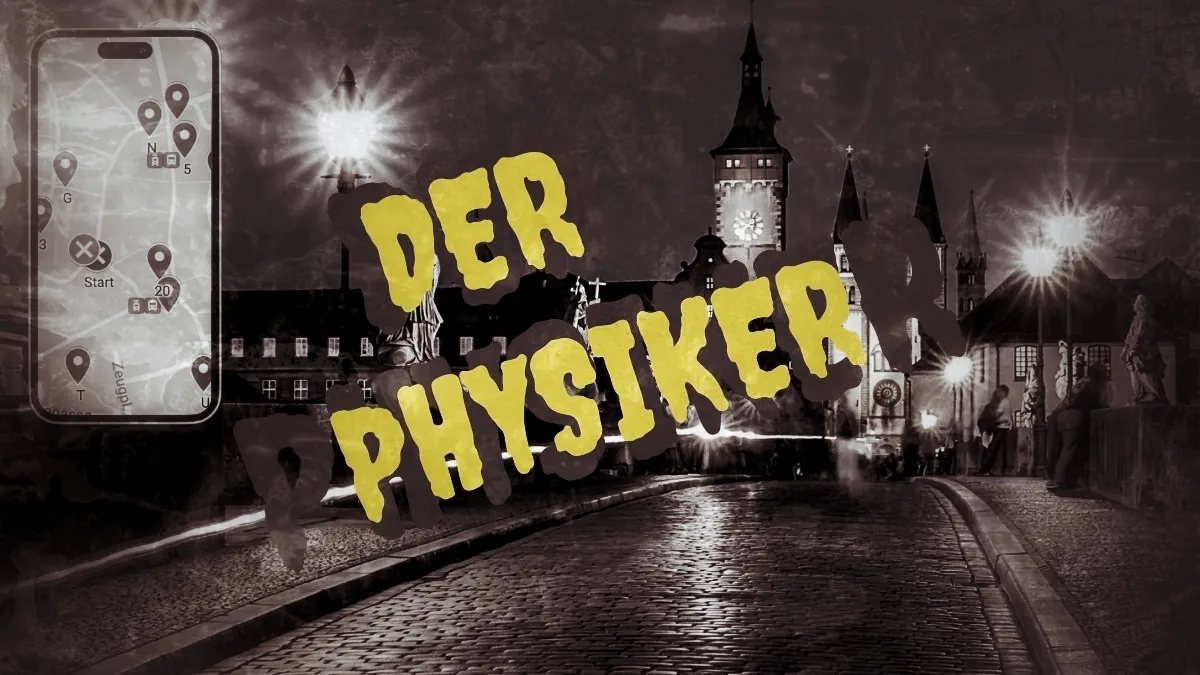 Hero-Banner Stadtrallye Würzburg "Der Physiker - Licht und Schatten" mit Würzburger Altstadt, Smartphone-Karte und gelbem Sch