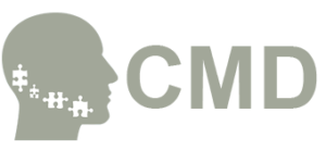 Logo mit Profilsilhouette eines Kopfes und CMD-Schriftzug in Grautönen