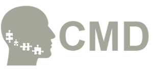 Logo mit Profilsilhouette eines Kopfes und CMD-Schriftzug in Grautönen