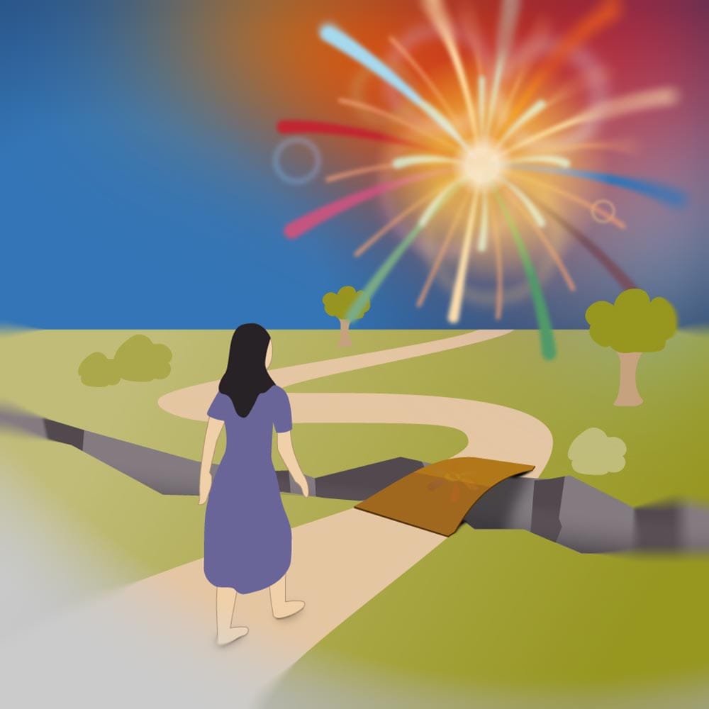 Illustration einer Frau auf einem Weg in einer grünen Landschaft unter strahlendem Licht, symbolisiert erfülltes Leben