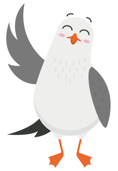 Winkende Möwe mit geschlossenen Augen, breitem Lächeln, orange-rotem Schnabel und erhobener Flügel
