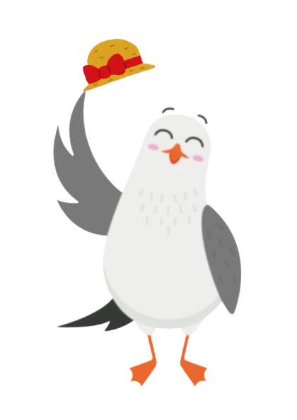 Glückliche Möwe mit gelbem Hut und roter Schleife, hebt einen gelben Hut mit der Flügel nach oben