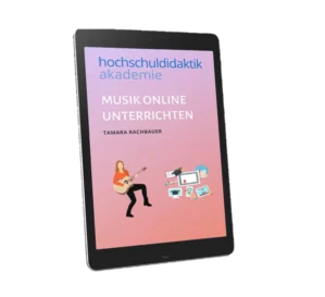 Tablet-Mockup des Kurses Musik online unterrichten mit rosa Gradient und Illustrationen