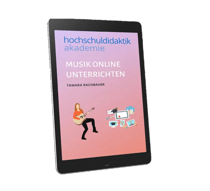 Tablet-Mockup des Kurses Musik online unterrichten mit rosa Gradient und Illustrationen