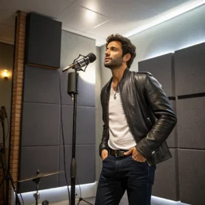 Helmut Hofmüller in schwarzer Lederjacke singt am Mikrofon in modernem Tonstudio mit akustischen Panels