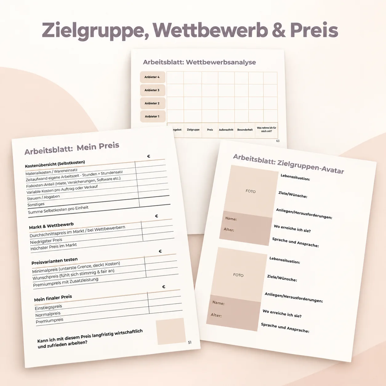 Arbeitsblätter für Zielgruppe, Wettbewerbsanalyse und Preisgestaltung im Kurs