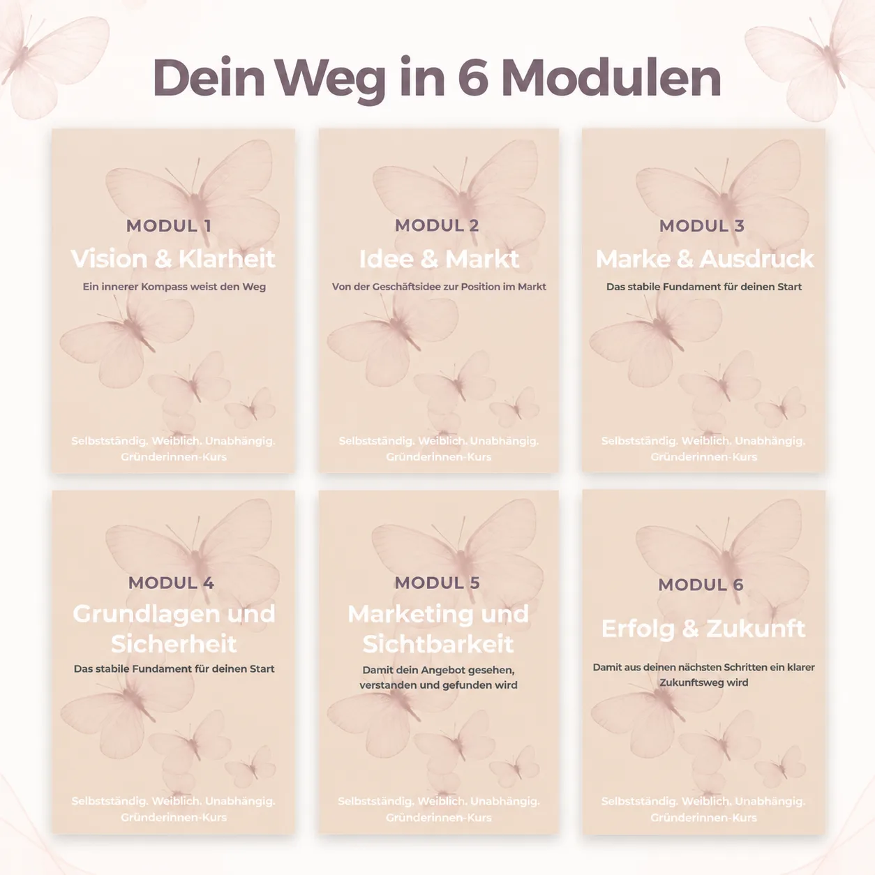 Übersicht aller 6 Module des Gründerinnen-Kurses mit Schmetterlings-Design