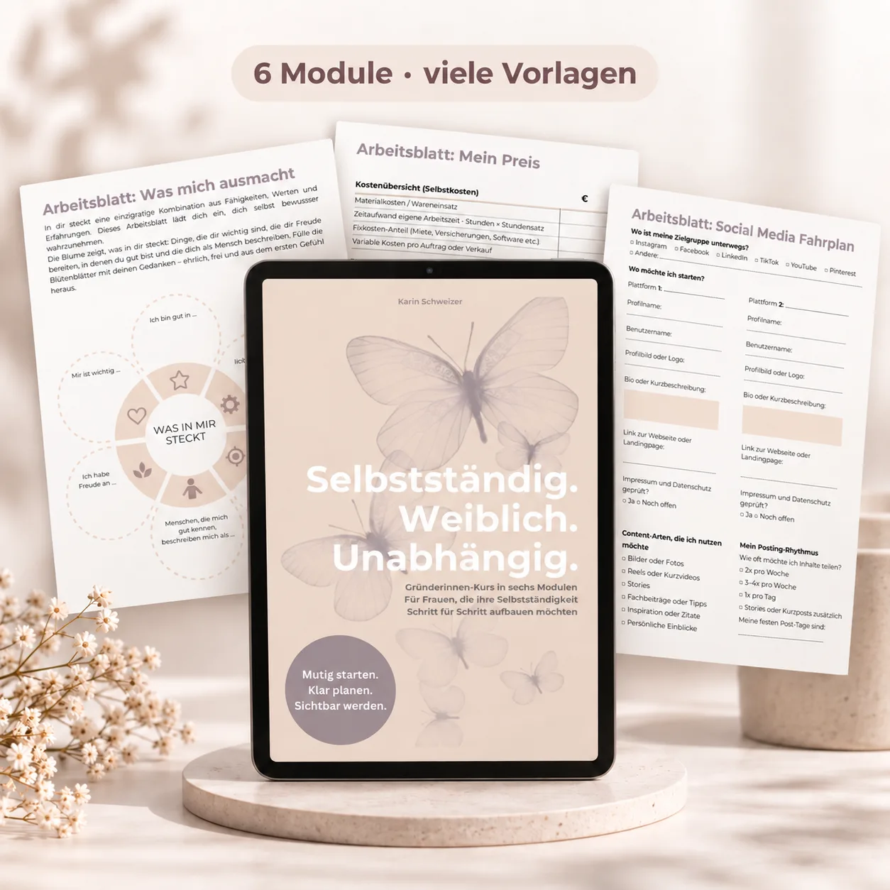 Mockup-Darstellung des Kursmaterials mit Tablet und Arbeitsblättern für Gründerinnen-Kurs