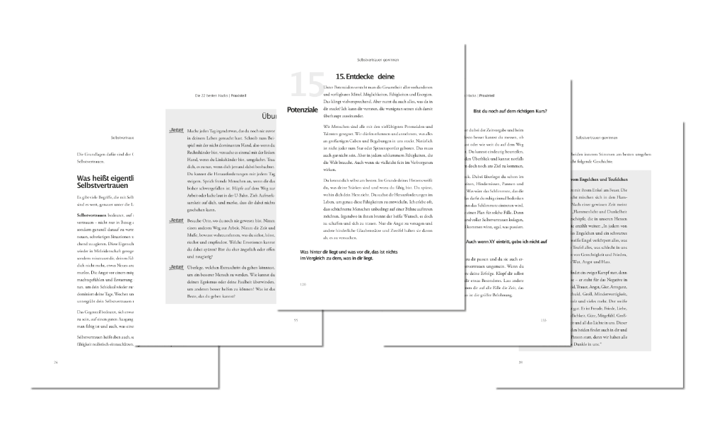 Aufgeschlagenes E-Book mit Kapitelseiten und Überschrift '15 Entdecke deine Potenziale'